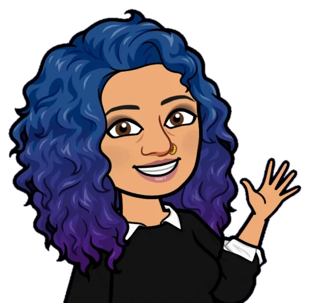Illustrated avatar of Greema with blue curly hair, waving